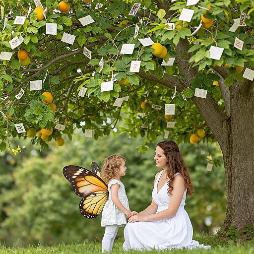 Photograph of a brunette woman in a white dress and a curly-haired child with orange butterfly wings, sitting under an orange tree with photo cards hanging,