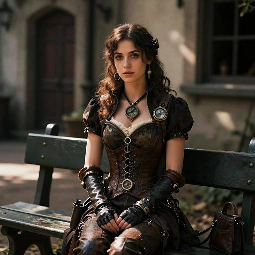 Cinematic Steampunk Woman on Rustic Bench