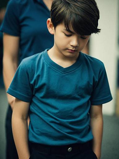 Pensive Boy in Blue T-Shirt