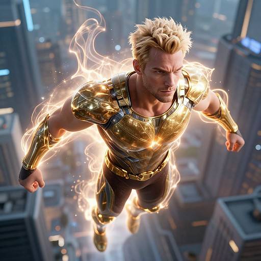 CGI image of a muscular, blonde superhero with glowing gold armor, floating above a cityscape, surrounded by fiery energy.