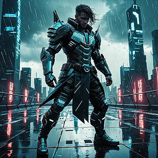 Cyberpunk Male Android Warrior on Futuristic Rooftop
