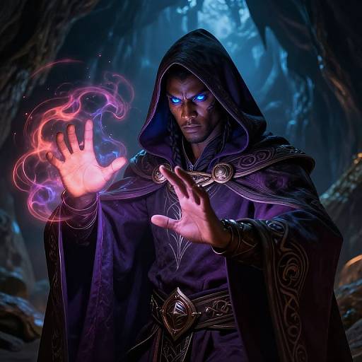 Mysterious wizard with glowing blue eyes and dark hooded robe, conjures pink and purple magical flames with outstretched hand in a shadowy forest