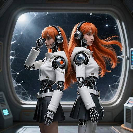 Digital art of two red-haired, robotic, anime-style girls in white jackets and black skirts, standing back-to-back in a futuristic space station.