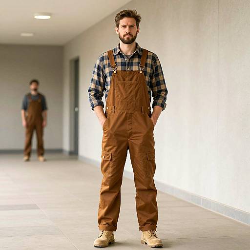 Man in Brown Overalls Standing in Hallway
