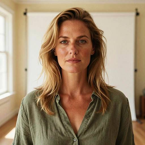 Photograph of a middle-aged woman with wavy blonde hair, green eyes, and fair skin, wearing a loose, green, button-up shirt,