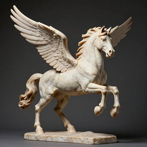 Photograph of a white marble Pegasus statue with detailed wings, rearing on hind legs, set against a dark gradient background.