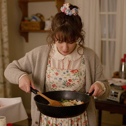 Photograph of a woman with curly brown hair in a floral apron and gray cardigan, cooking in a vintage kitchen, stirring food in a black