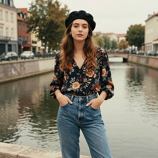 Photograph of a young woman with long brown hair, wearing a black floral blouse, high-waisted blue jeans, black beret, standing by