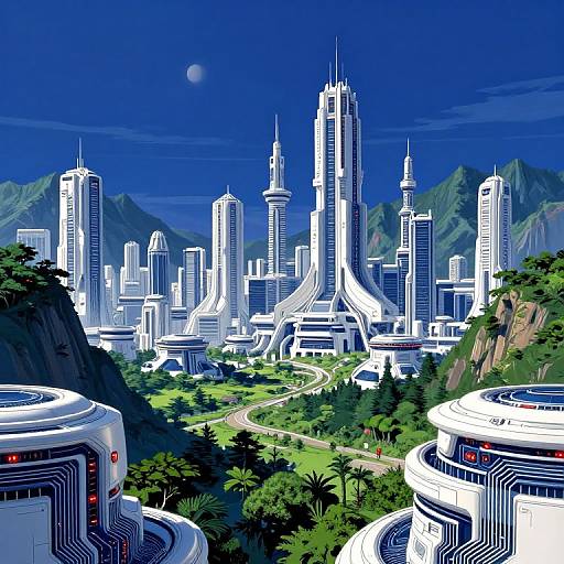 Sci-Fi Cityscape in Blue-White Theme