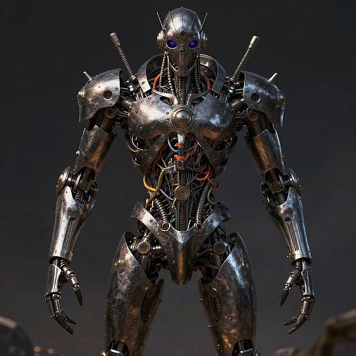 Photorealistic CGI of a menacing, metallic humanoid robot with glowing blue eyes, intricate armor, and exposed wiring, standing against a dark, rocky background