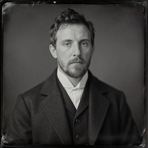 Black-and-white photograph of a serious, bearded white man with short, wavy hair, wearing a dark suit and white shirt, against a blurred