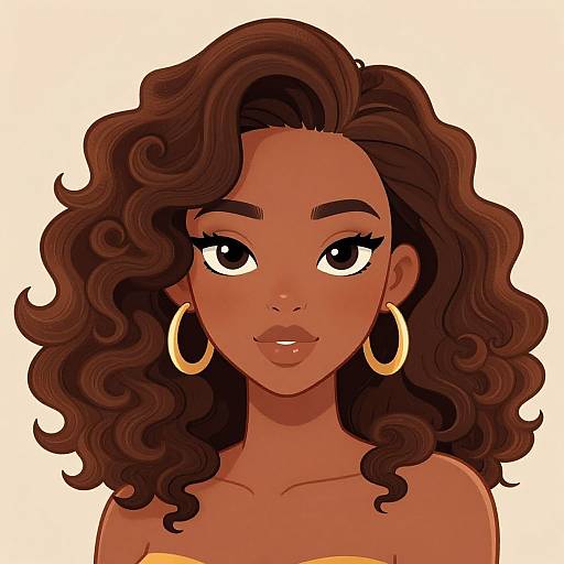 Digital illustration of a beautiful dark-skinned woman with wavy, voluminous brown hair, large hoop earrings, and expressive eyes, set against a plain