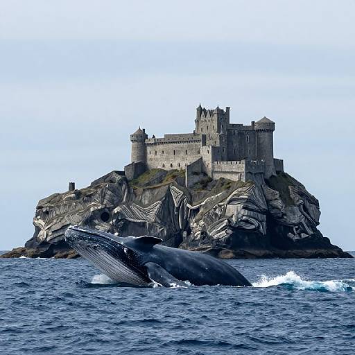 Photograph of a majestic stone castle on a rocky island, with two breaching whales in the dark blue ocean below.