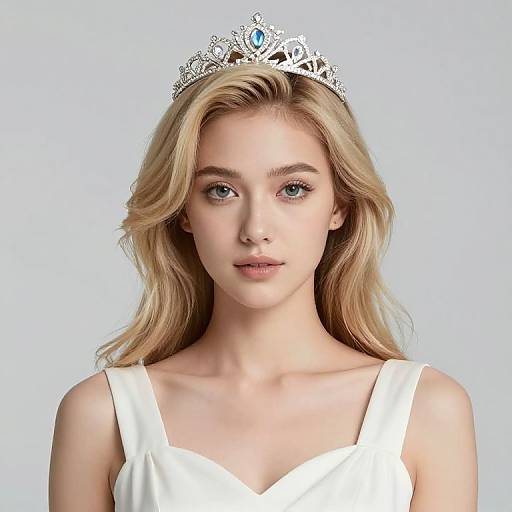 Photograph of a blonde, blue-eyed young woman with fair skin, wearing a silver tiara with a blue gem and a white, sleeveless dress