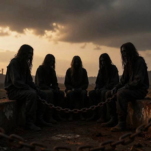 Ominous Silhouettes Around Rusty Chain