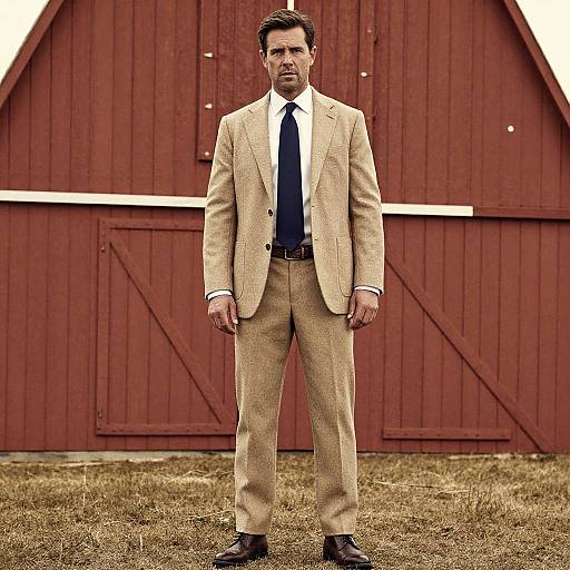 Photograph of a serious, dark-haired man in a beige suit, white shirt, and black tie, standing in front of a red barn.