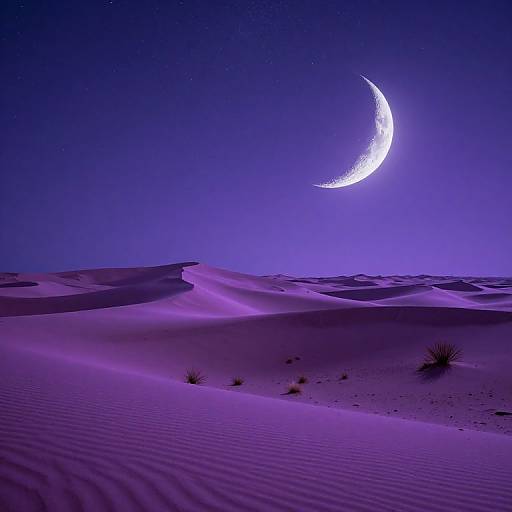 Photograph of a purple-lit desert with rippled sand dunes under a bright crescent moon in a starry, deep blue night sky.