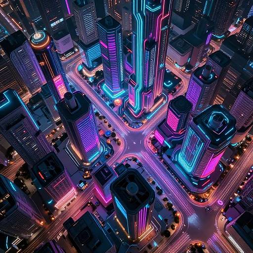 Aerial CGI of a neon-lit, futuristic city intersection, featuring vibrant blue, pink, and purple illuminated skyscrapers, with glowing traffic lights