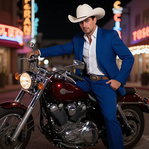 Photograph of a handsome man in a blue suit, white shirt, and white cowboy hat, posing confidently on a maroon motorcycle at night in a