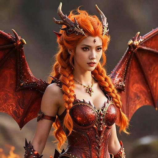 Digital art of a fierce, red-haired demon woman with black horns, red wings, and intricate dark red armor, set against a fiery background.
