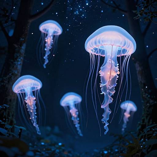 Photograph of glowing blue jellyfish with translucent, umbrella-shaped tops and flowing, wavy tentacles, floating in a dark, starlit ocean,
