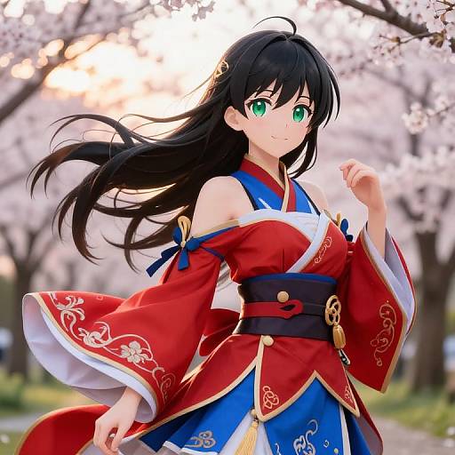 Anime-style digital illustration of a beautiful girl with long black hair, green eyes, wearing a red and blue kimono with gold accents, standing in a