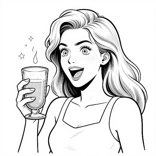 Black-and-white digital line drawing of a smiling woman with wavy hair, holding a glass of sparkling liquid. She wears a sleeveless top, her