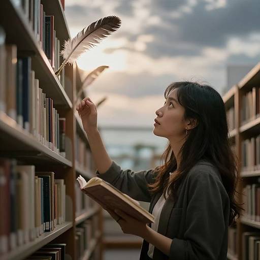 Photograph of an Asian woman with long dark hair, wearing a black cardigan, searching a bookshelf with a feather, holding a book, in