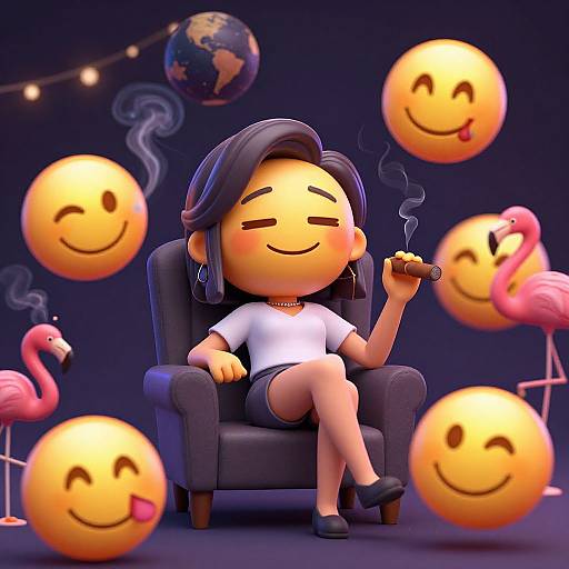 Kawaii Emoji Woman Relaxing with Flamingos and Cigars
