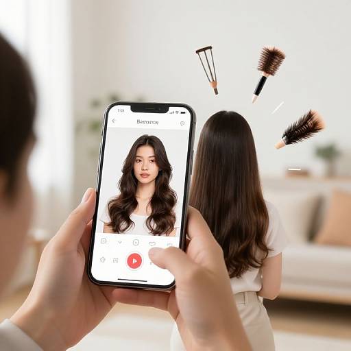 Photograph of a man holding a phone displaying a woman's profile, while another woman with long black hair stands in a bright, blurred living room,