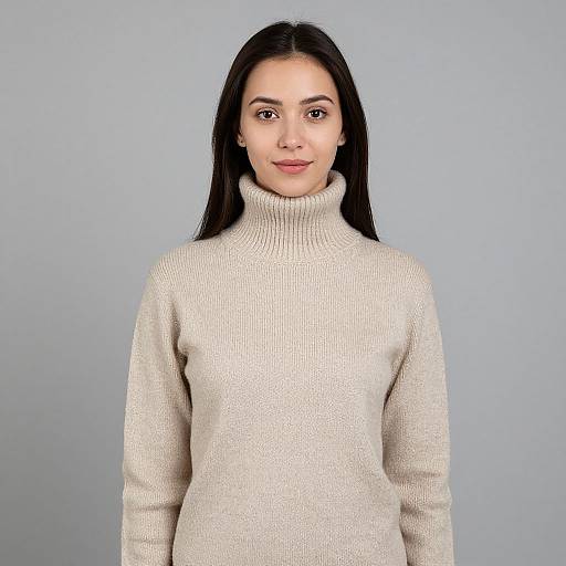 Photograph of a young woman with long black hair, fair skin, and brown eyes, wearing a cream-colored, ribbed, turtleneck sweater