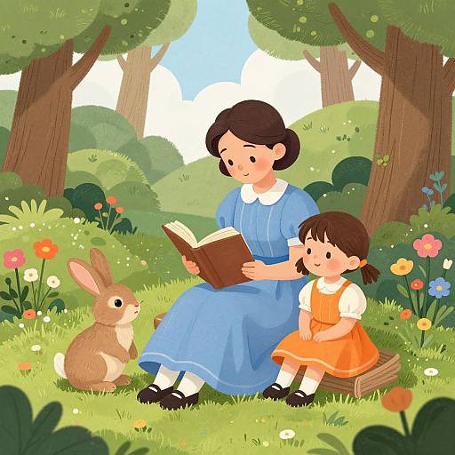 Illustration of a woman in a blue dress reading to a girl in an orange dress, with a brown rabbit beside them in a colorful, sunny forest