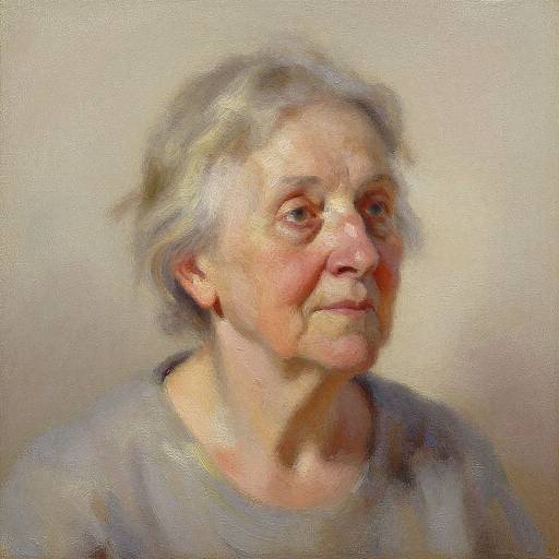 Digital painting of an elderly woman with short, gray hair, wearing a gray shirt, looking slightly to the side, with a soft, warm, textured