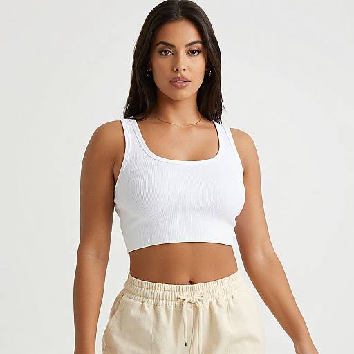 Photograph of a young woman with medium brown skin, long black hair, wearing a white ribbed crop top and beige pants, standing against a white