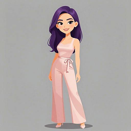 Digital cartoon of a smiling woman with long purple hair, wearing a white, strapless, high-waisted jumpsuit, standing on a light blue