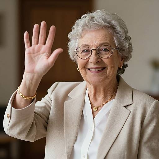 Photograph of an elderly woman with short gray hair, glasses, beige blazer, white shirt, gold necklace, and bracelet, smiling and waving.
