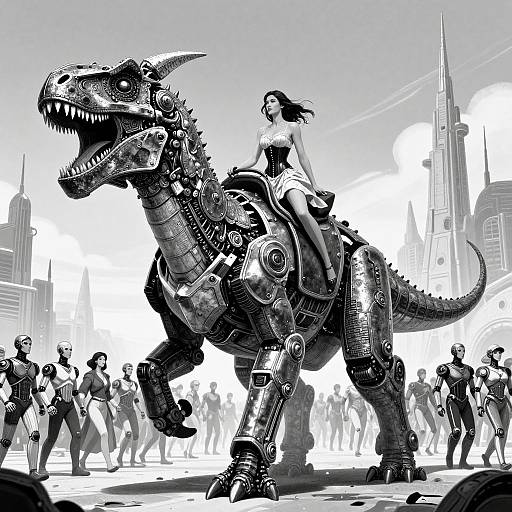 Black-and-white digital art: Cybernetic dinosaur with a woman riding, surrounded by a crowd in a futuristic cityscape with skyscrapers.