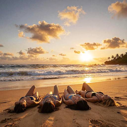 Women Relaxing on Tropical Beach at Sunset