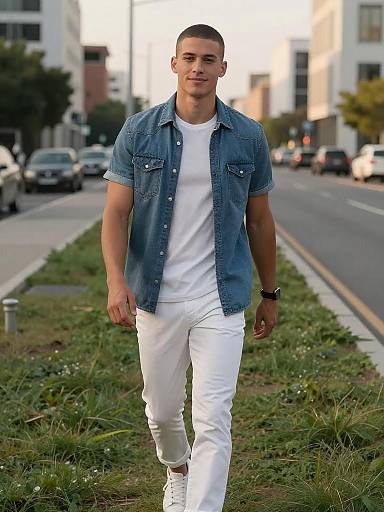 Golden-Hour Denim Stroll Street Portrait