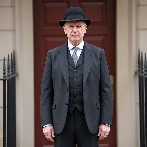 Photograph of a middle-aged white man in a black Victorian-style suit, tie, and bowler hat, standing in front of a red door with