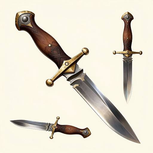 Digital illustration of four medieval-style knives with dark wooden handles, gold accents, and intricately designed hilts, displayed against a white background.