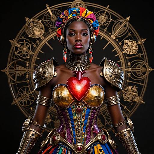 Photograph of a dark-skinned woman in vibrant, futuristic armor with a red heart chestpiece, colorful headdress, and intricate clock-like background.