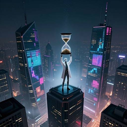 CGI image: A silhouetted figure in a long coat stands on a skyscraper rooftop, holding an hourglass above neon-lit city