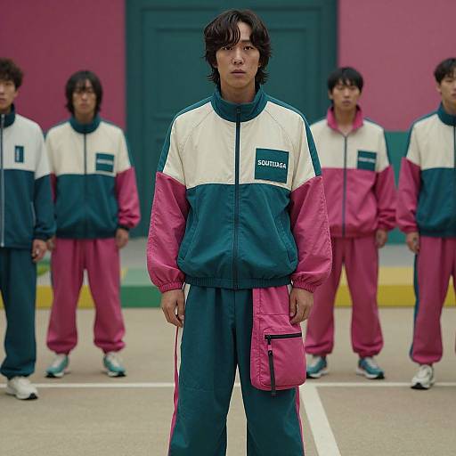 Photograph of Asian male in sportswear, black and pink tracksuit with 