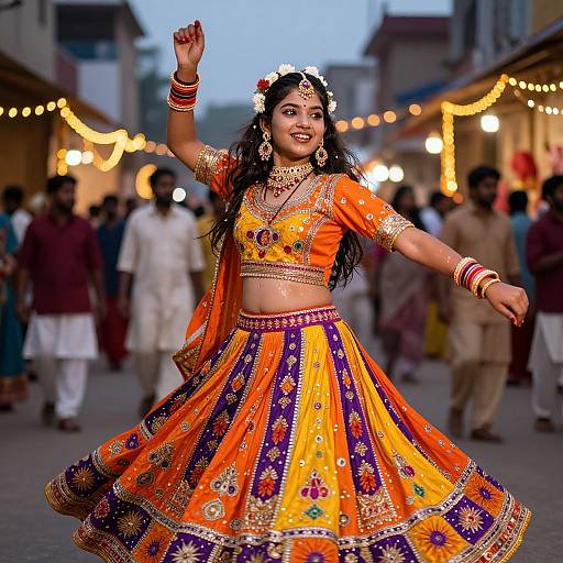 Photograph of a joyful South Asian woman in an orange and purple traditional lehenga, adorned with gold jewelry, dancing in a bustling evening street festival,