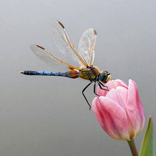 Intricate Dragonfly on Pink Tulip