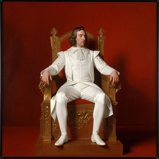 Photograph of a white-haired man in white 18th-century attire, seated on an ornate, gold throne against a deep red background.
