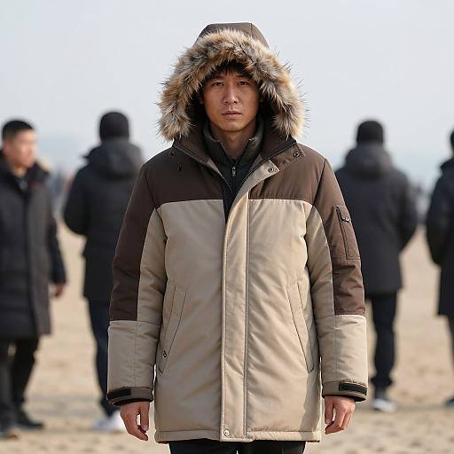 Man in Winter Coat on Beach