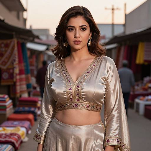 Photograph of a young woman with medium brown skin, dark wavy hair, wearing a silver embroidered crop top and matching skirt, standing in a colorful