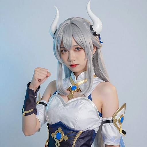 Asian Woman in Silver Hair Cosplay with Horns
